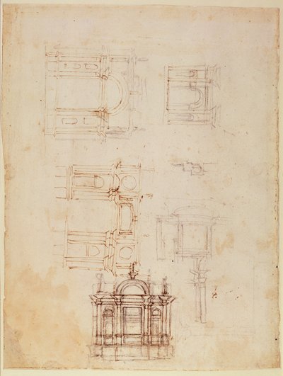 凱旋門の形での建築構成の研究、c.1516（紙にペンと茶色のインクが付いた黒いチョーク）（直腸）（詳細は191776を参照） 作： Michelangelo Buonarroti