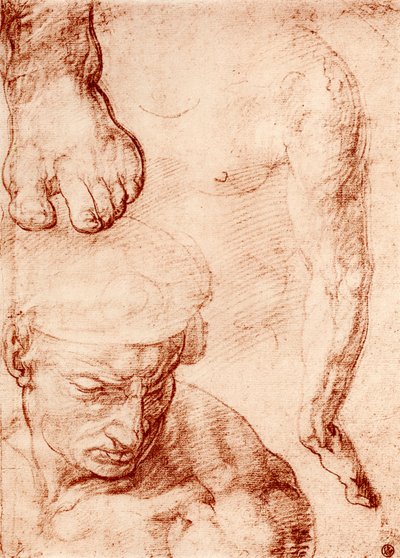 1913年、ローマ、システィーナ礼拝堂の最後の審判での無記名の人物の研究 作： Michelangelo Buonarroti
