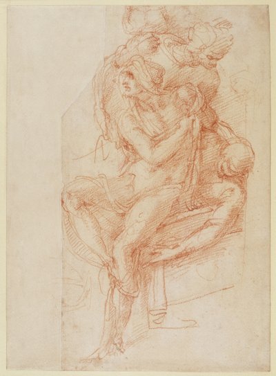 ラザロと2人のアテンダントフィギュアの研究（紙に赤いチョーク） 作： Michelangelo Buonarroti