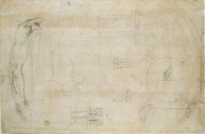 男性の腕といくつかの建築スケッチの研究、c1490-1560 作： Michelangelo Buonarroti