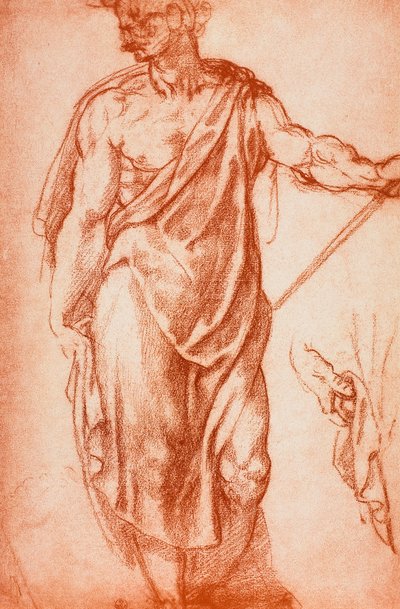 ドレープをかけた男性像の研究;レオナルド・ダ・ヴィンチの絵。内閣描画と版画、ウフィツィ美術館、フィレンツェ 作： Michelangelo Buonarroti