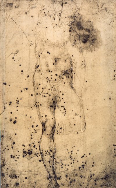 上げられた左脚を持つ男性のヌードの研究;ミケランジェロの絵。ルーブル美術館、パリ 作： Michelangelo Buonarroti