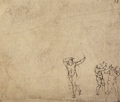 ヌードフィギュアの研究：ミケランジェロのドローイング。カーサブオナローティ（フィレンツェ） 作： Michelangelo Buonarroti