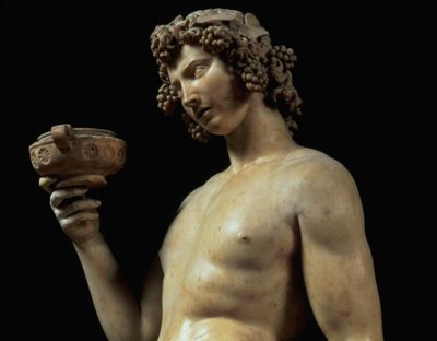 バッカスの酔い、彼の頭のディテール、ミケランジェロブオナローティの彫刻1475-1564、1496-97 52672の大理石のディテール 作： Michelangelo Buonarroti