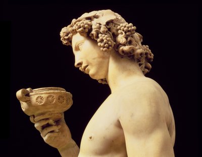 バッカスの酔い、彼の頭のディテール、ミケランジェロブオナローティの彫刻1475-1564、1496-97 52672の大理石のディテール 作： Michelangelo Buonarroti