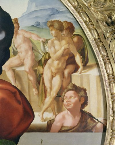 背景に裸体を見せる聖ヨハネ (ドニ・トンド) と聖家族 作： Michelangelo Buonarroti
