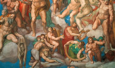 バチカン市国のシスティーナ礼拝堂の「最後の審判」のフレスコ画（1536-1541年）。 作： Michelangelo Buonarroti