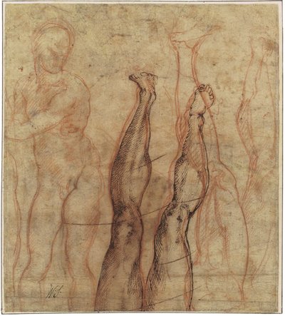 復活したキリスト、脚と足の研究に描かれた4分の3の長さのヌード 作： Michelangelo Buonarroti