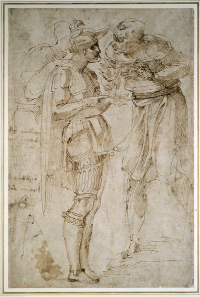 会話の3人の男性（紙にペンと茶色のインク） 作： Michelangelo Buonarroti