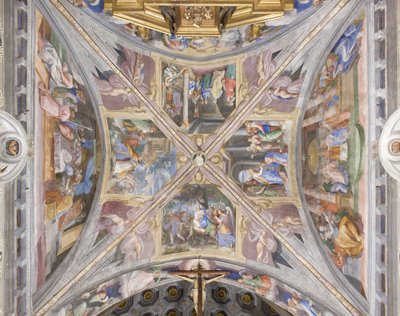 聖母マリアの生涯の場面を描いた聖壇の丸天井（フレスコ画 作： Michelangelo Carminati