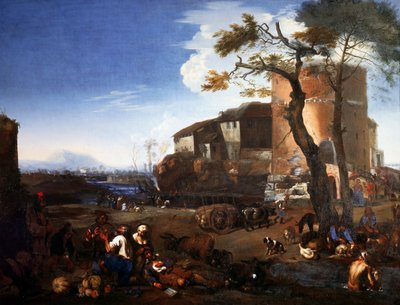 ミケランジェロ・チェルコッツィ（ミケランジェロ・デッレ・バッタリー）（1602-1660）の「田舎の祭り」は、油彩・カンヴァス、cm 98,5 x 132。 作： Michelangelo Cerquozzi