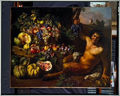風景の中のサテュロスのいる静物（キャンバス） 作： Michelangelo Cerquozzi