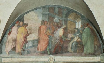 聖アントニヌス、サンマルティーノに善良な人々の会社を設立する、ルネット（フレスコ画） 作： Michelangelo Cinganelli
