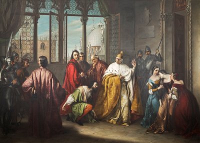 ドージェ フランチェスコ フォスカリは息子のヤコポを国外追放 ("I due Foscari") 作： Michelangelo Grigoletti