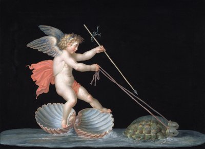 亀に導かれるキューピッド（パネルに油彩） 作： Michelangelo Maestri