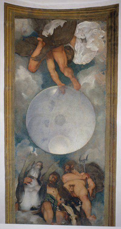 要素の寓話、宇宙と黄道帯の兆候、1597（石膏に油彩）（詳細は107110を参照） 作： Michelangelo Merisi Caravaggio