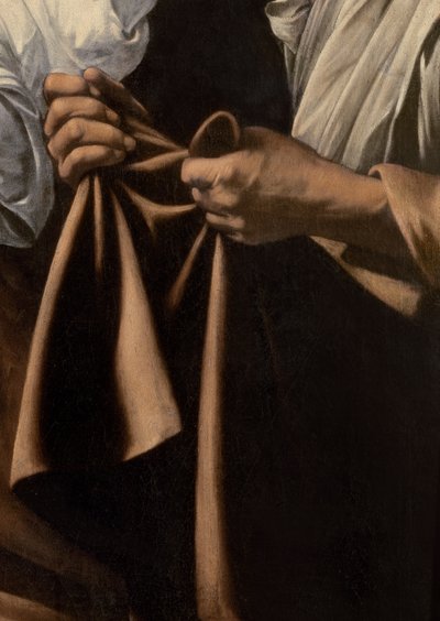 ジュディスとホロフェルネスの頭部用使用人保持バッグの詳細、1599 作： Michelangelo Merisi Caravaggio