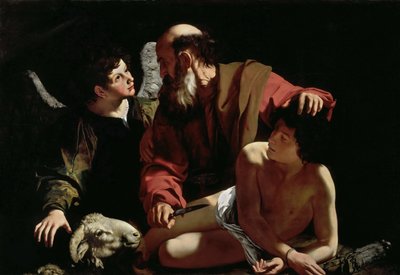 カラヴァッジオ、ミケランジェロ（1571-1610）による「イサクを犠牲にするアブラハム」。油彩・キャンバス、1597-1599年頃、サイズ：116x173。バーバラ・ピアセッカ・ジョンソン・コレクション 作： Michelangelo Merisi da Caravaggio