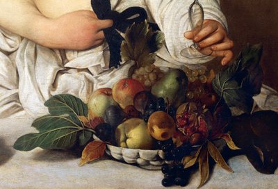 バッカス、フルーツボウルの詳細、1589年頃（キャンバスに油彩） 作： Michelangelo Merisi da Caravaggio