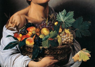 果物の入ったバスケットを持つ少年」詳細 作： Michelangelo Merisi da Caravaggio