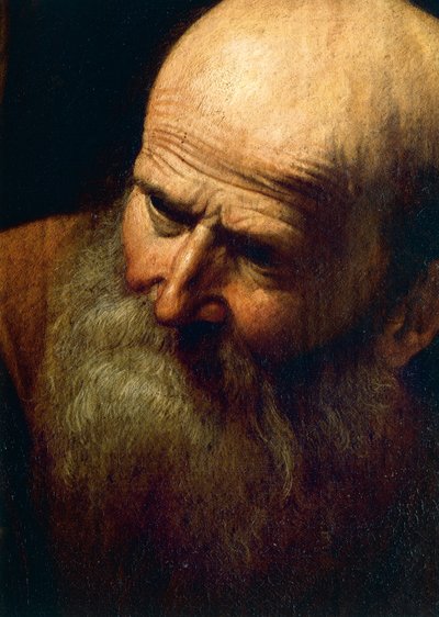 アブラハムの顔、『イサクの犠牲』の細部、1603-04年頃（油彩・キャンバス 作： Michelangelo Merisi da Caravaggio