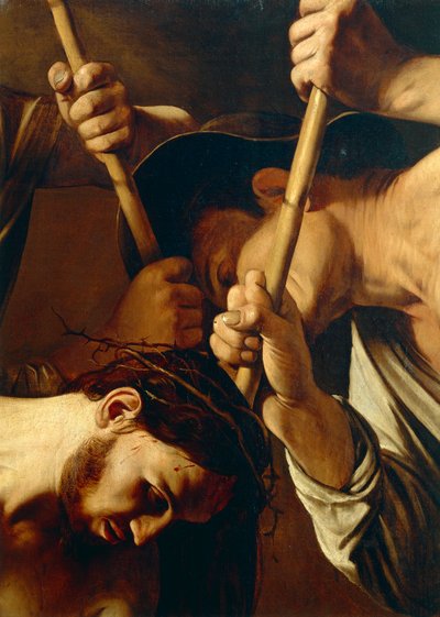 キリストの顔、とげのある戴冠、1603年頃（キャンバスに油彩）（507206の詳細） 作： Michelangelo Merisi da Caravaggio
