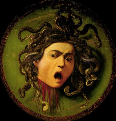 馬上槍試合の革製盾に描かれたメドゥーサ 1596-98年頃 キャンバスに油彩、木製（修復前 作： Michelangelo Merisi da Caravaggio