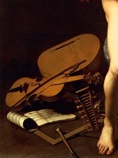 楽器の表現、《勝利の女神》の細部、1602年頃（油彩・キャンバス 作： Michelangelo Merisi da Caravaggio