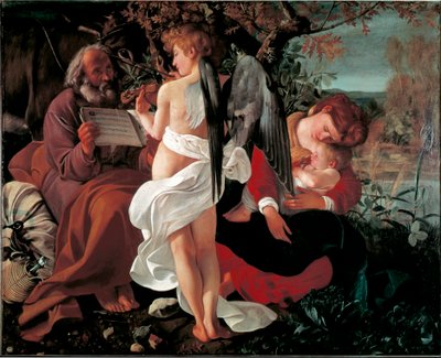 エジプトへの飛行中の休息 ミケランジェロ・メリージによる絵画 イル・カラヴァッジョ（カラヴァッジョ）（1571-1610） 1590年頃 日。130x160 cm ローマ Galleria Doria Pamphili 作： Michelangelo Merisi da Caravaggio