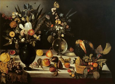 ハートフォード・スティルライフの巨匠による花と果実のある静物画 1600-10年頃（油彩・キャンバス 作： Michelangelo Merisi da Caravaggio