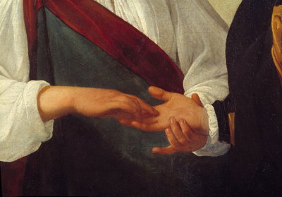 占い師 掌の線を読み取る女性の手の中に、依頼人の手が伸びている様子を表したディテール。ミケランジェロ・メリージ・ダ・カラヴァッジョ（ル・カラヴァッジョ）（1571-1610年頃）の絵画 日曜大工0.99×1.31m 作： Michelangelo Merisi da Caravaggio