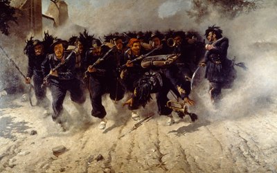 ミケーレ・カンマラーノ（1835-1920）作「ポルタ・ピアでのベルサグリエチャージ」、油彩・キャンバス、290x472 cm 作： Michele Cammarano