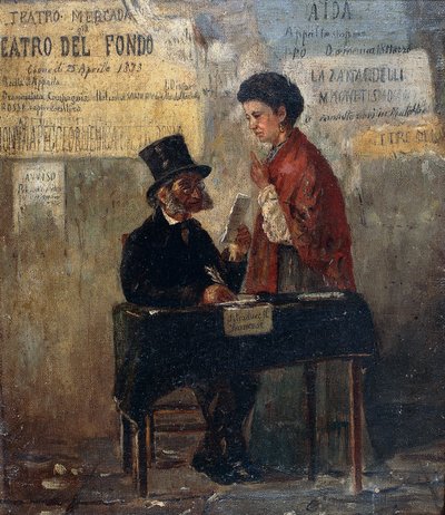 ミケーレ・カンマラーノ（1835-1920）の「劇場ポスターと公共の書記」。 作： Michele Cammarano