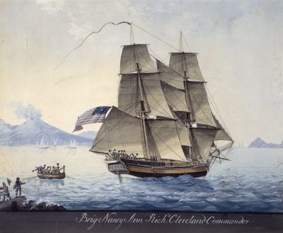 ナポリを去るセーラムのブリッグ・ナンシー・アン、1810年頃（紙に水彩画） 作： ミケーレ・フェリーチェ・コーン