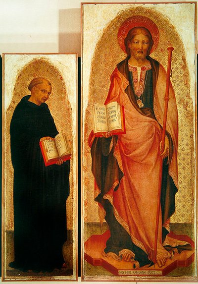 聖人たちを従えた聖ヤコブとフィリッポ・ベニッツィ 1450年頃（パネルにテンペラ、金彩）（256989のディテール 作： Michele Giambono