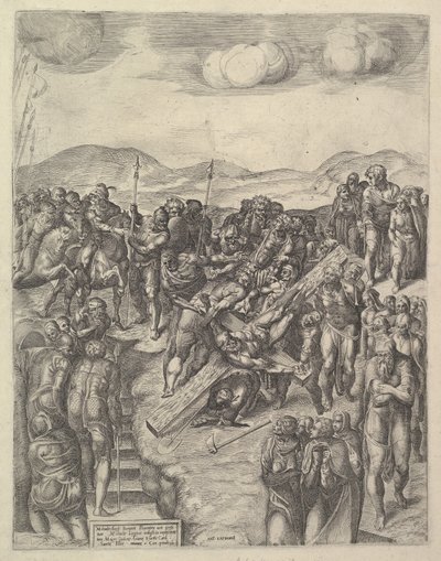 聖ペテロの磔刑、ミケランジェロのフレスコ画、バージニア州ポーリン礼拝堂、1550-60年。 作： Michele Lucchese