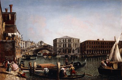 前景にフォンダコデイテデスキがあるヴェネツィアのリアルト橋、 作： Michele Marieschi
