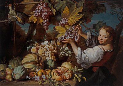ブドウの房を差し出す少女と果物の静物画 作： Michele Pace del Campidoglio