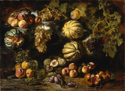 メロン、桃、イチジク、ブドウのある静物画 作： Michele Pace del Campidoglio