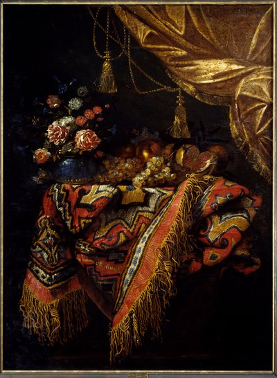 静物 テーブルクロスの上でポーズをとる果物や花。ミケランジェロ・カンピドリオ（1610-1670）の絵画 17世紀 レンヌの美術館蔵 作： Michele Pace del Campidoglio