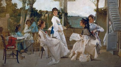 パーゴラの下で」ミケーレ・テデスコ（1834-1917）の絵画、油彩・キャンバス、81x139cm、イタリア 作： Michele Tedesco