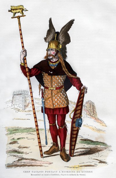 1882年から1884年にかけて、旗を掲げた戦闘服を着たガリアの酋長。 作： Michelet