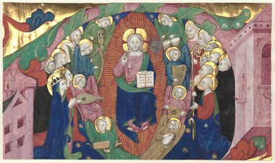合唱団の本からの歴史的なイニシャルの断片：威厳のあるキリスト、c。 1400。 作： Michelino Molinari da Besozzo