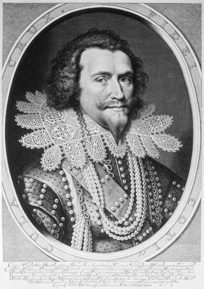 ウィレム・ヤコブスによって彫刻されたバッキンガム公爵（1592-1628）のジョージヴィリエの肖像画。デルフ（1580-1638）1626（彫刻）（白黒写真） 作： Michiel Jansz van Miereveld