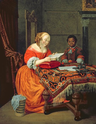 出席者が黒人で手紙を読む女性、1670年 作： Michiel van Musscher