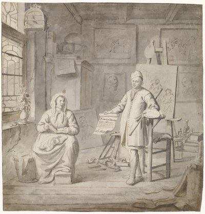 画家ミヒール・コマンズと彼の 3 番目の妻エリザベート・ファン・デル・メルシェのアトリエ 作： Michiel van Musscher