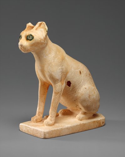 猫の形をした化粧品の容器、紀元前1990年〜1900年（トラバーチン、銅、水晶の塗装） 作： Middle Kingdom Egyptian