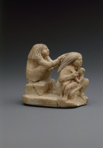 2人の女性と子供のグループ、紀元前1981〜1500年（ライムストーン、ペイント） 作： Middle Kingdom Egyptian