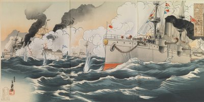 大勝利: 1904 年 2 月 9 日、ジンセン (チェムルポ) 港で、我が艦隊は 2 隻のロシア船、ヴァリヤーグ号とコリエツ号をそれぞれ撃沈しました。 作： Migita Toshihide