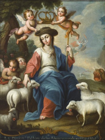神聖な羊飼いの女神（La divina pastora）」1760年頃（銅に油彩、べっ甲と骨のフレーム 作： Miguel Cabrera